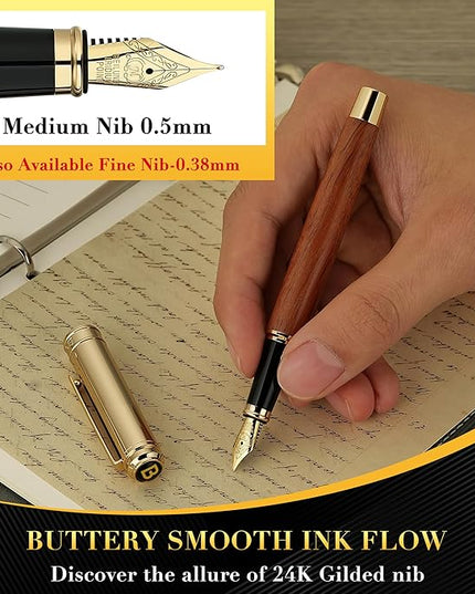 BEILUNER 316 Fountain Pen,Stunning Luxury Rosewood,24K Gilded Nib(Medium),Gorgeous 24K Gold Finish, Ink Converter,Best Gift for Men&Women-Fancy,Executive,Nice Pens for Writing, RD-M