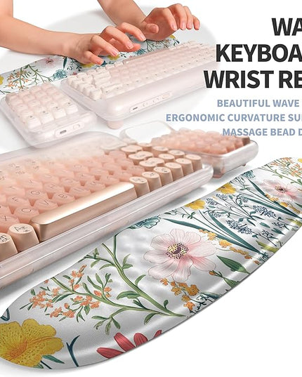 2-in-1 Ergonomic Set, Wave Keyboard Wrist Rest and Massage Slope Mouse Pad Wrist Support, Rebound Memory Foam for Relieve Carpal Tunnel Syndrome and Wrist Pain (Pink Flowers)