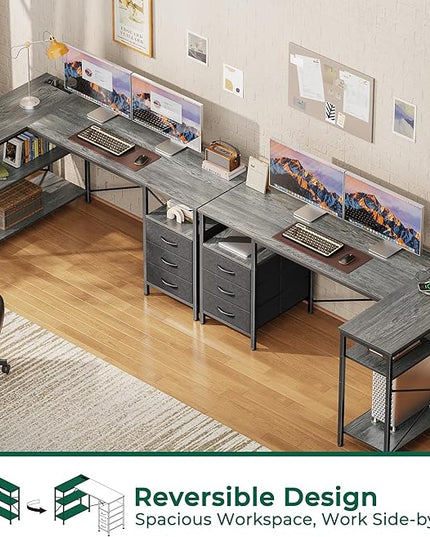 Huuger L Shaped Office Desk with Power Outlets, 55 Inch Computer Desk with 3 Drawers, Shelves, Reverisble for Gaming Corner Work Home Office Study, Grey
