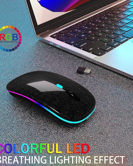 Wireless Bluetooth Mouse Rechargeable Laptop Mice with LED Use Portable(BT5.2 and USB 2.4G) Dual Mode Connection Silent Slim Computer Mouse for Laptop/iPad Tablet/Apple MacBook/PC(Black Pearl)