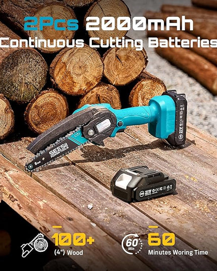 Seesii Mini Chainsaw, 6-inch Mini Chainsaw Cordless, Handheld Electric Power Chain Saw with 2 Batteries, for Tree Trimming Wood Cutting, Best Gifts for Father, Dad, Husband, Men