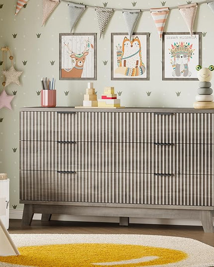 BORNOON 53" Long Dresser for Bedroom, 6-Drawer Dresser with Fluted Fronts, Wide Wood Chest of Drawers, Smooth Metal Slides, Stable Base, Modern Clothes Storage Cabinet for Living Room, Hallway