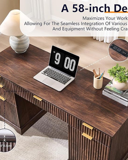 JXQTLINGMU 58" Modern Executive Desk with Storage, Wood Home Office Desk with 5 Drawers & 1 Cabinet, Fluted Computer Writing Desk for Study, Living Room, Bedroom, Dark Walnut