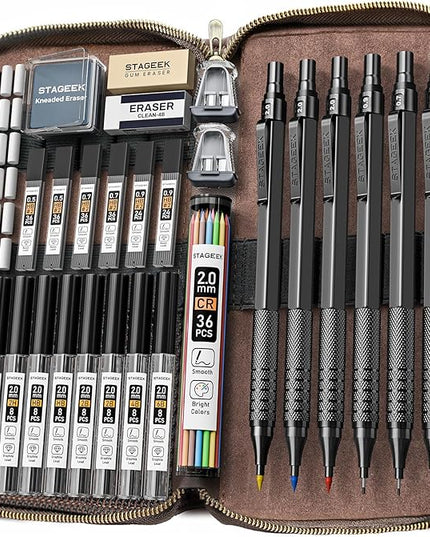 30PCS Black Metal Mechanical Pencil Set in Leather Case, 0.5/0.7/0.9/2.0mm Art Drafting Pencils with 16 Tubes Graphite Leads (6B 4B 2B HB 2H 4H) & Colored Refills for Sketching, Drawing, Writing