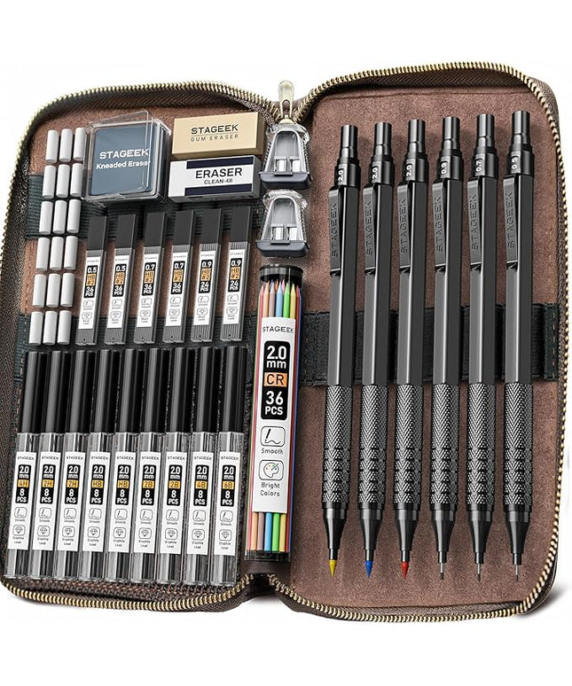 30PCS Black Metal Mechanical Pencil Set in Leather Case, 0.5/0.7/0.9/2.0mm Art Drafting Pencils with 16 Tubes Graphite Leads (6B 4B 2B HB 2H 4H) & Colored Refills for Sketching, Drawing, Writing