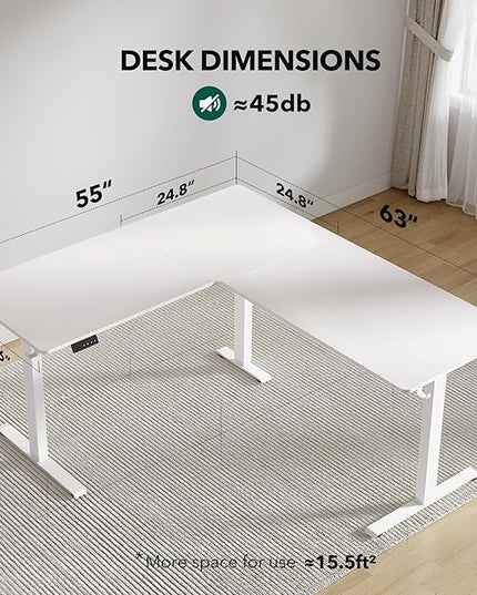 FEZIBO 63" x 55"L Shaped Standing Desk Adjustable Height, 63 Inch Electric Stand up Corner Computer Desk, Sit Stand Home Office Desk with Splice Board, White