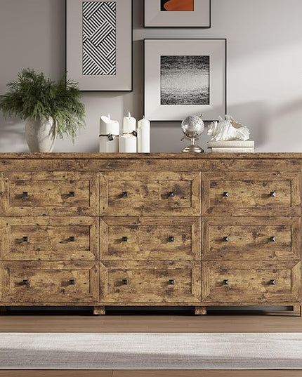 BORNOON 9-Drawer Dresser, Modern Wooden Storage Chest of Drawers, Dresser TV Stand, Wood Drawer Organizer with Metal Handles for Bedroom, Living Room, Hallway