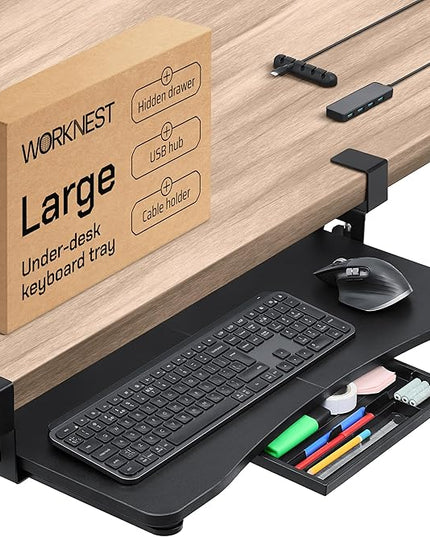 Keyboard Tray | Under Desk Keyboard Tray Slide Out w/Adjustable C-Clamps for Desks Up to 1.5-Inch-Thick | Clamp On Drawer with 1x USB-C to 4 USB-A Hub and 1x Five-Cable Management Organizer