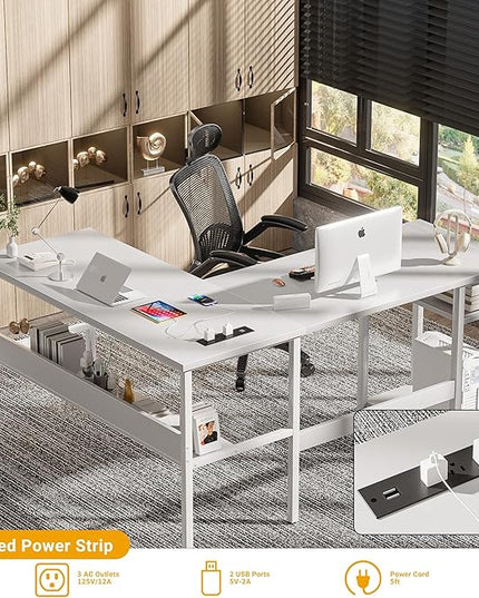 Unikito Reversible L Shaped Computer Desk with Magic Power Outlets and USB Charging Ports, Sturdy Corner Desk with Storage Shelves, Durable Work Desk for Home Office, Easy to Assemble, White