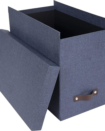 Bigso John Desktop File Box - File Storage Box and Document Organizer for Important Paperwork - Durable Hanging File Box with a Lid and Leather Handle - 7.36 in x 13.26 in x 10.51 in - Blue