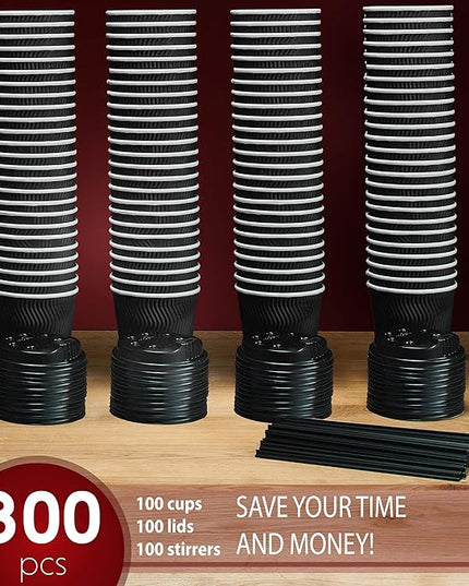 Primens Insulated Disposable Coffee Cups with Lids & Straws 12 oz, 100 Packs - Paper Cups for Hot Beverage Drinks To Go Tea Coffee Home Office Car Coffee Shop Party (Black)