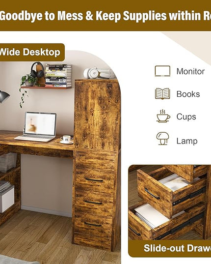 KEIKI Computer Desk with Hutch and 3 Drawers, 4-Tier Storage Shelves, Office Desk with Storage and Integrated 4-in-1 Charging Station, Brown