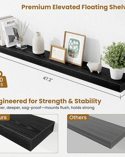 Fun Memories Floating Shelves 48 Inch, Extra Large Wood Shelf Set of 2, Hanging Wall Shelves for Bathroom, Living Room, Kitchen, Bedroom, Black