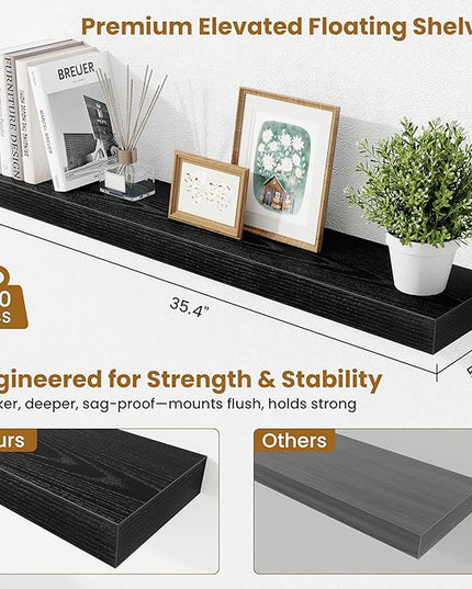 Fun Memories Floating Shelves for Room Wall, 36 Inch Long Shelf Set of 2， Hanging Wood Shelves for Storage & Display, Black