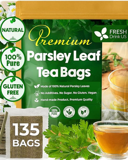FreshDrinkUS, Premium 135 Parsley Leaf Tea Bags, 100% Natural & Pure from Parsley Leaves. Loose Leaf Parsley Herbal Tea. Made with Natural Material Tea Bags. No Sugar, No Caffeine, No Gluten, Vegan.