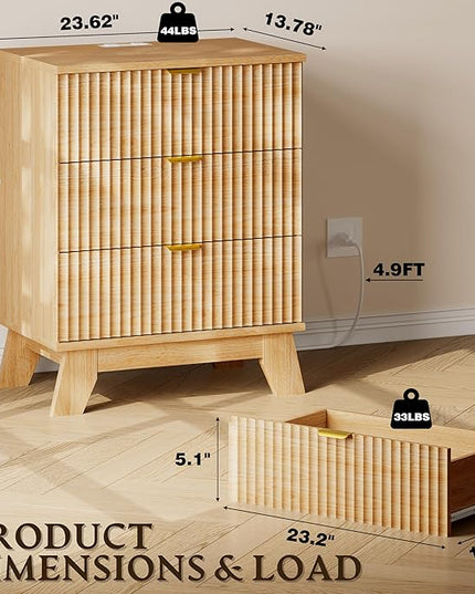 BORNOON 30.5" Nightstand with Charging Station, 3-Drawer Fluted Bedroom Chest, Wood Bedside Dresser with Power Outlets and USB Ports, Metal Slides, Stable Base, Modern Storage Cabinet for Small Spaces