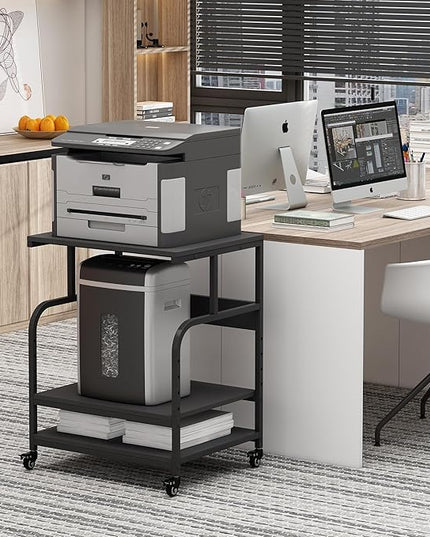 Printer Stand, 23.6 x18.9 x 30 Inches Large Printer Table with Adjustable Storage Shelf, 3 Tier Rolling Printer Cart with Wheels for Home Office, Stand for Heat Press Mini Fridge, Black