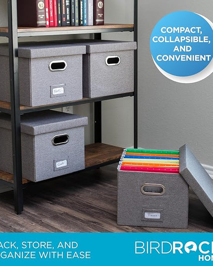 Internet's Best Collapsible File Storage Organizer with Lid - Decorative Linen Filing & Storage Office Box – Hanging Letter/Legal Folder – Home Office Bins Cabinet – Grey Container - 4 Pack