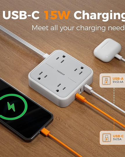 Extension Cord 10 ft, TESSAN Surge Protector Power Strip Long Cord with 3 USB(1 USB C) 4 Outlets, 900 Joules Protection, Small Desktop Multiple Charging Station for Home School Dorm Room Office, Grey