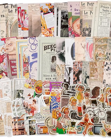 Knaid Vintage Scrapbook Supplies Pack (200 Pieces) for Junk Journal Bullet Journals Planners Aesthetic Paper Stickers Craft Kits Cottagecore Collage Album (Retro)