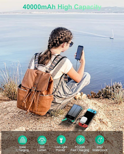 Solar Charger Power Bank, PD 20W Fast Charging External Batter, 40000mAh Portable Phone Charger Built in 4 Cables with Dual Bright Flashlights for Camping, Hiking, and Outdoor Use（Green）