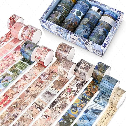 FTTELK 24 Rolls Vintage Washi Tape Set,Glitter Floral Decorative Adhesive Tape for Scrapbooking Supplies,Junk Journal,DIY Crafts,Planners and Gift Wrapping(Retro Medieval Series)