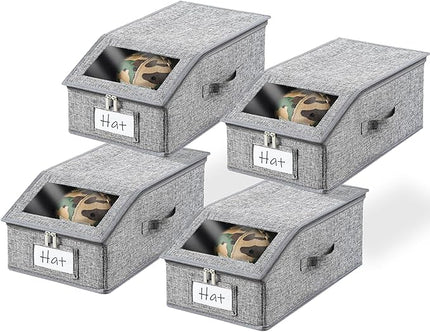 Linen Hat Organizer for Baseball Caps, Hat Storage for Closet with Clear Window, Breathable Fabric Cap Box for Snacks, Socks, Stackable Hat Storage Organizer for Men/Women(4 Pack,Grey)