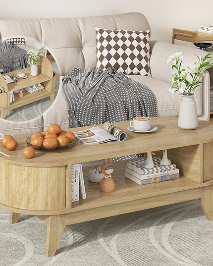 Coffee Table with 2 Hidden Storage,Mid Century Modern Coffee Table with Fluted Finish,Wood Center Tables Oval Coffee Tables with Flip-Top Lids for Living Room Home Office (Oak)