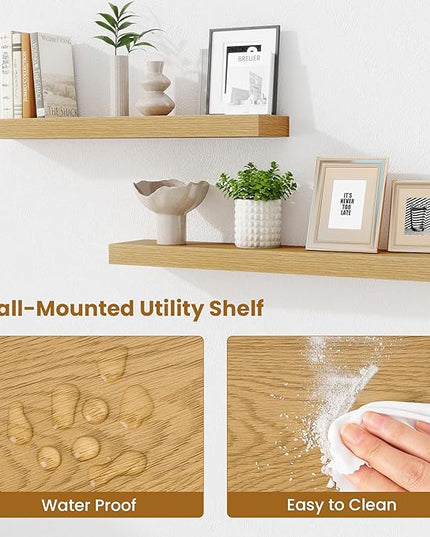 Fun Memories Bathroom Shelves 32 Inch Long Set of 2, Floating Shelves for Wall with Invisible Brackets, for Bedroom, Living Room, Kitchen, Oak