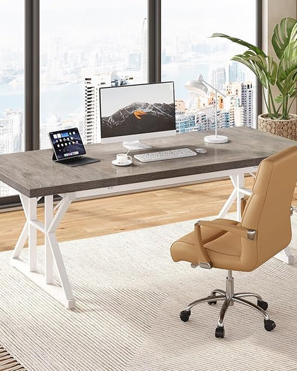 LITTLE TREE 70.8-Inch Large Executive Desk, Modern Computer Office Desk, Wooden Writing Desk Study Table for Home Office, Grey-White