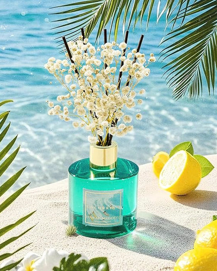 COCORRÍNA Reed Diffuser - Hawaii Melody 6.7 Fl.oz Reed Diffuser Set with 8 Sticks & Preserved Baby's Breath, Reed Diffuser for Home Bathroom Shelf Decor