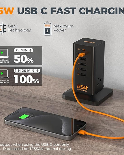 USB Charging Station for Multiple Devices PD 65W, TESSAN 9-in-1 USB C Charger Block for iPhone 17/16/15, MacBook, Tablet, Type C Desktop Charger with 3 AC, Home Travel Office Accessories
