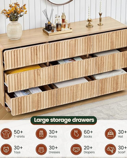 Fluted 9 Drawer Dresser for Bedroom, 60" Wide Modern Chest of Storage Drawers, Wood Dresser & Chest of Drawers with Curved Corners, Dressers TV Stand for Living Room (60" Natural 9 Drawer)