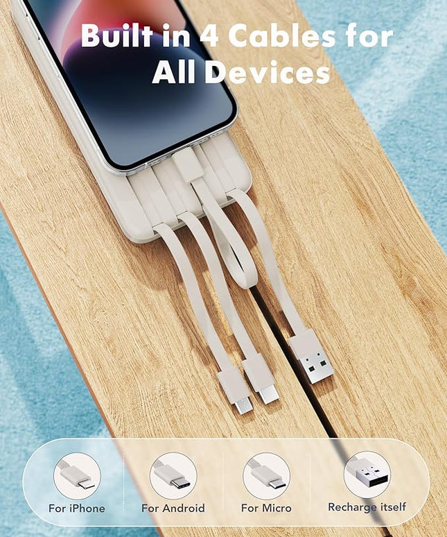 charmast Portable Charger with Built in Cables, Power Bank with Cords Wires, Slim 10000mAh Travel Battery Pack 6 Outputs 3 Inputs 3A Fast Charging for Samsung Google Pixel LG Moto iPhone iPad