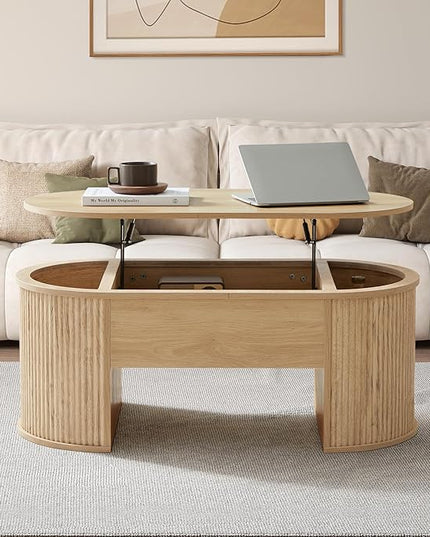QHITTY Fluted Coffee Table with Lifting Top, Oval Wood Lift Top Coffee Table with Hidden Compartment, Mid Century Pull up Center Tables for Living Room, Office - Natural