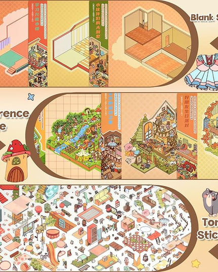 ASTARON 6 Sets DIY 3D Sticker Scene Book Sticker Therapy for Adults, Make Your Own Mini Cozy Shop House Room Stickers Cute Cartoon Miniature Stickers, Relief Stress Pass The Time
