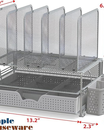 Simple Houseware Mesh Desk Organizer with Sliding Drawer, Double Tray and 5 Upright Sections, Silver