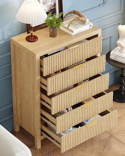 JZXSHD 43" 5 Tall Drawer Dresser Organizer TV Drawer Cabinet Modern Wood Storage Cabinet, Modern Wood Storage Cabinet for Bedroom, Hallway, Entryway, Natural Oak