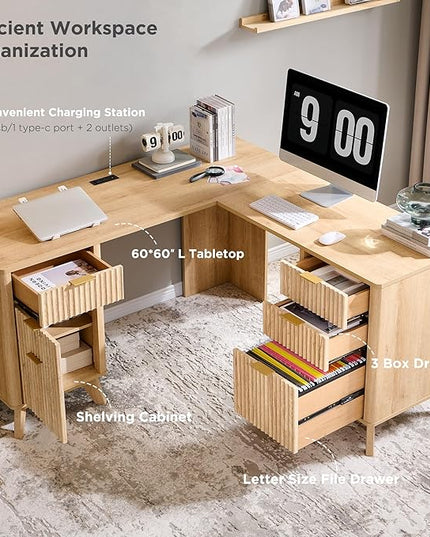 T4TREAM 60'' Fluted Executive L Shaped Desk, Modern Home Office Desk with Charging Station and File Drawer, Computer Corner Desks with Drawers & Storage Cabinet for Office Home, Bedroom, Natural Oak