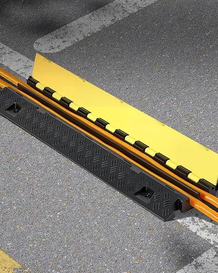 VEVOR 3 PCs Rubber Cable Protector Ramp, 2 Channel Heavy Duty TPU Floor Cord Hose Wire Cover, 1.2'' W x 1.1'' H Channel Size, Traffic Speed Bump with Flip-Open Top Cover, for Indoor Outdoor Use