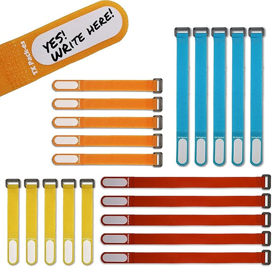 Multi-Purpose Cinch Straps (Assorted-Color 20 Pack). Reusable Waterproof Hook and Loop Cable Tie, Write-on Label for Easy Cord & Stuff Indentification, Organization & Management, by TX Pack-es
