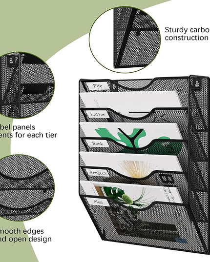 EasyPAG Hanging Wall File Organizer, 5 Pocket Wall Mounted Mail Organizer, Vertical Document Folder Holder with Nametag Label, Space Saving Paper Storage Magazine Rack for Office Home School, Black