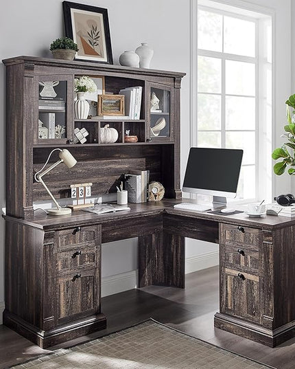 OKD Farmhouse Hutch for 60" Executive Desk, Office Desk Storage Cabinet with Glass Doors and Shelves, Top Hutch Organizer for Home Office - Dark Rustic Oak