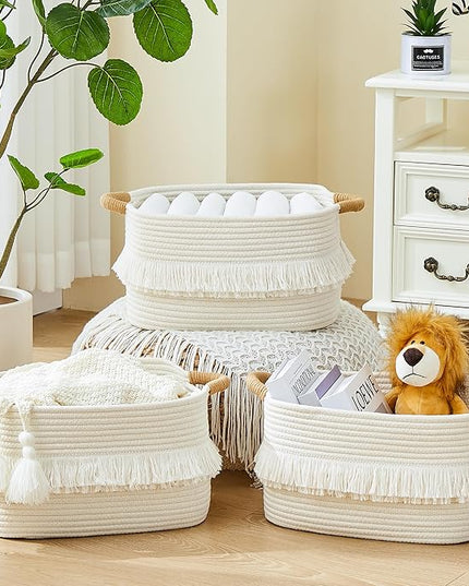 Storage Bins Woven Baskets for Storage Set of 3, Cotton Rope Basket with Handles for Toys/Shelves/Laundry, Rectangle Multi-Purpose Organizer for Living Room, Bedroom, Nursery (White)