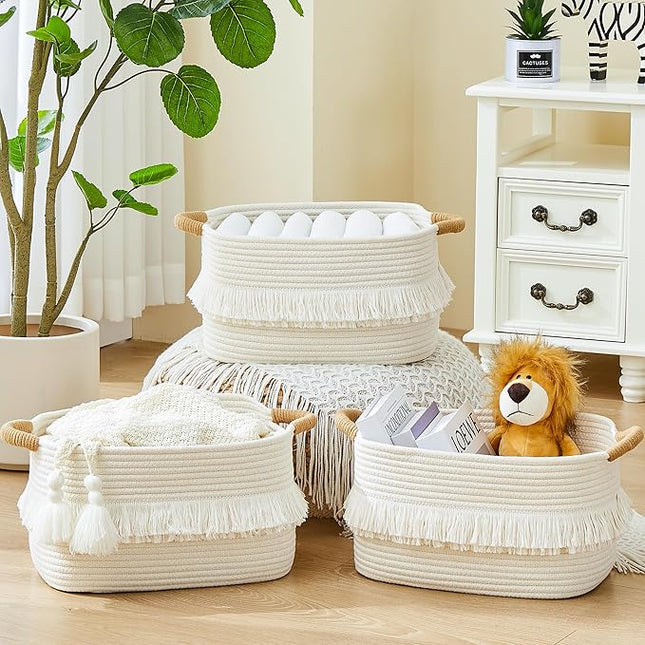Storage Bins Woven Baskets for Storage Set of 3, Cotton Rope Basket with Handles for Toys/Shelves/Laundry, Rectangle Multi-Purpose Organizer for Living Room, Bedroom, Nursery (White)
