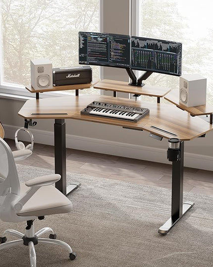 EUREKA ERGONOMIC Standing Gaming Desk with Dual Motor,63" Wing Shaped Computer Desk w Mouse Pad, Electric Adjustable Height Table w LED Monitor Stands,Slot Design,Walnut