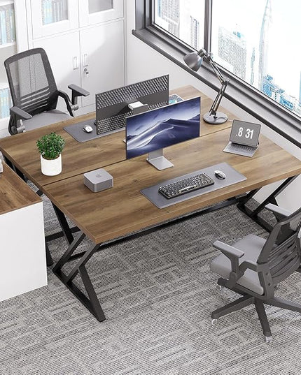 LVB Wood Computer Desk, Rustic Home Office Executive Desk for Bedroom, Industrial Wooden Computer Writing Study Work Gaming Table, Modern Metal PC Student Simple Desk with Storage, 55 Inch, Rustic Oak