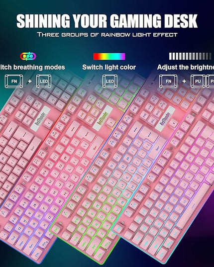 RedThunder K10 Wireless Gaming Keyboard and Mouse Combo, LED Backlit Rechargeable 3800mAh Battery, Mechanical Feel Anti-ghosting Keyboard + 7D 3200DPI Mice for PC Gamer (Pink)
