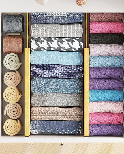SpaceAid Bamboo 4 Pack Dresser Drawer Dividers, 4.65“ High Adjustable 12.5“-17” Drawer Organizers, Expandable Organization for Clothing, Clothes, Dressers, Natural