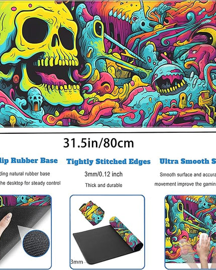 Gaming Desk Mat Skull Desk Pad Extended Mouse Pad XXL, Cool Mouse and Keyboard Mat Big Desktop Mats for Desk, Laptop Mat with Non-Slip Base & Stitched Edges, Office Decor for Men 31.5" x 15.7"